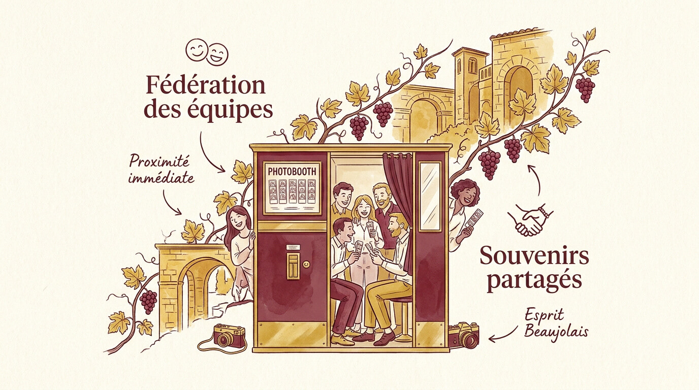 Collaborateurs souriants utilisant un photobooth lors d'un séminaire en Beaujolais