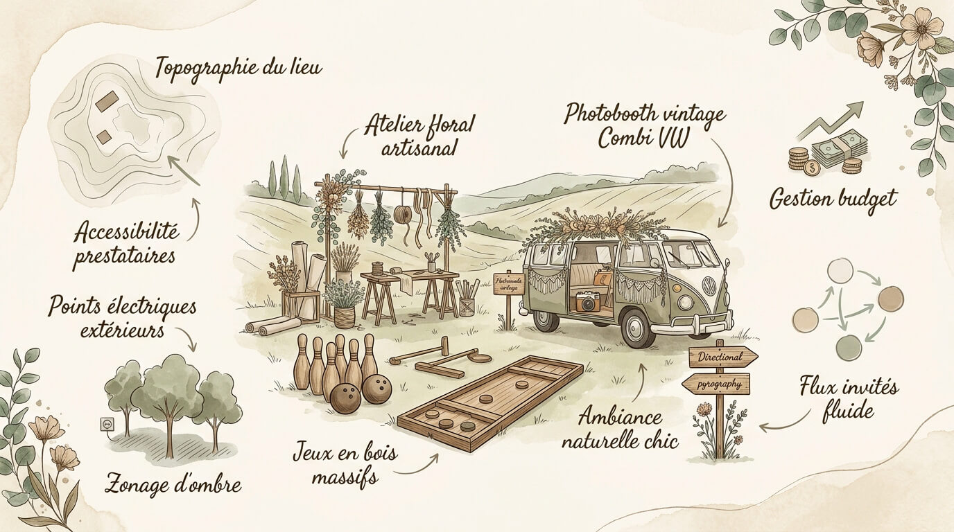 Infographie logistique et ambiance pour une animation de mariage bohème à Lyon