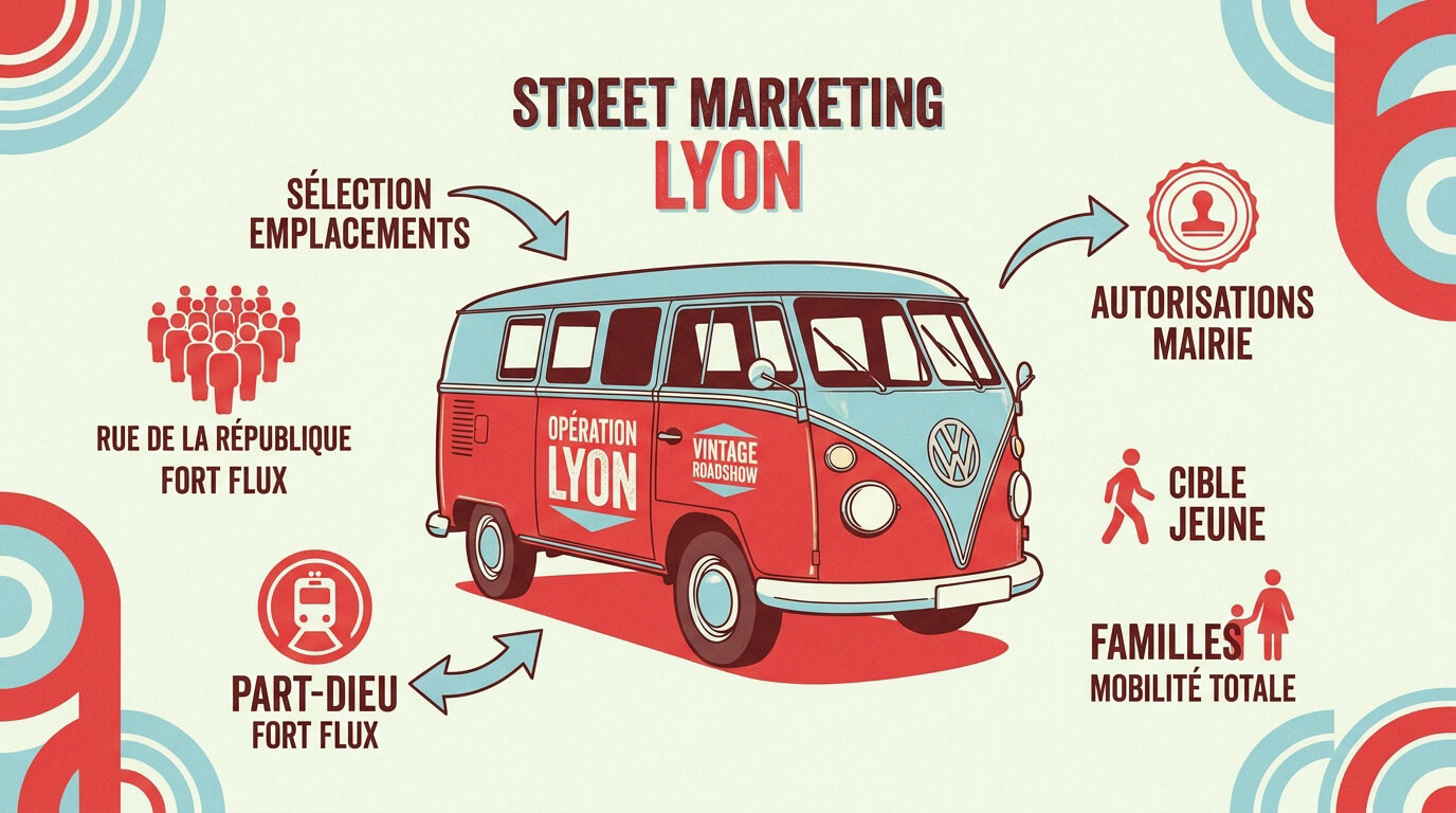 Infographie présentant les étapes clés d'une animation street marketing en van vintage à Lyon