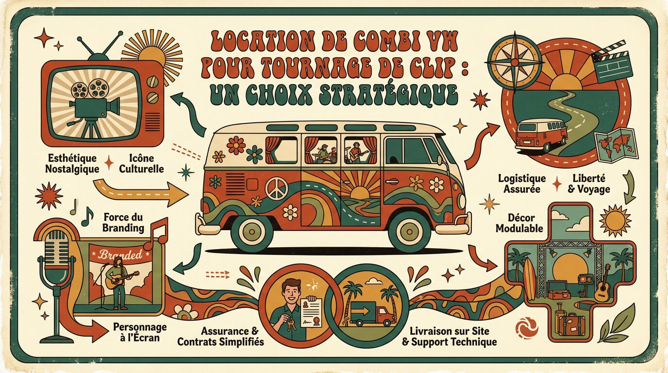Combi Volkswagen vintage stationné pour un tournage de clip vidéo
