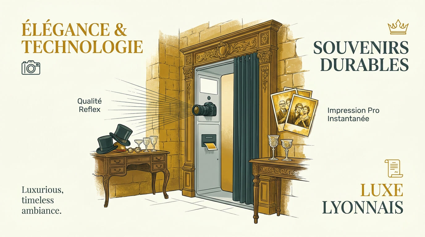 Borne photobooth élégante installée dans une salle de réception de prestige à Lyon