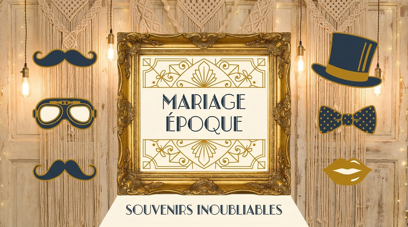 Accessoires de photobooth vintage avec cadres anciens et moustaches sur bâtonnets