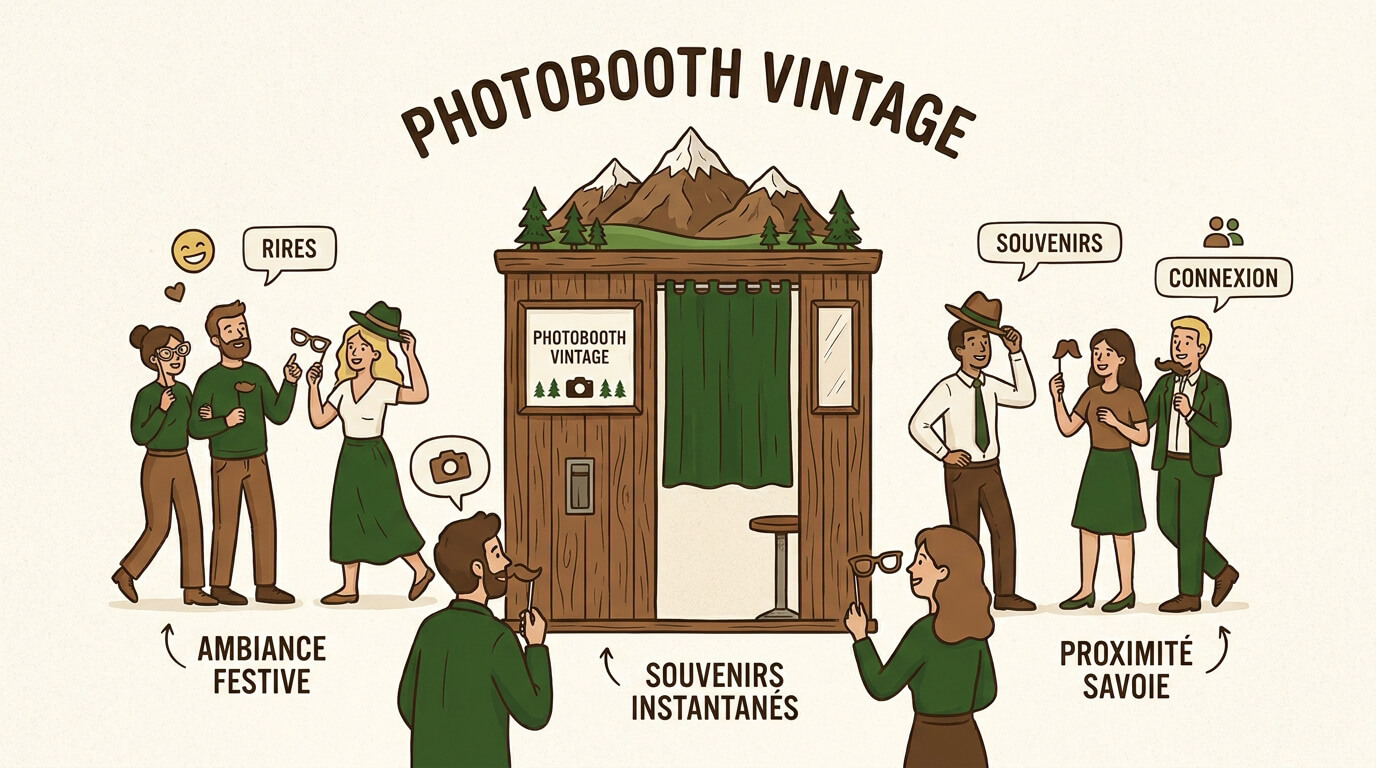 Borne photobooth vintage en bois installée dans une salle de réception en Savoie