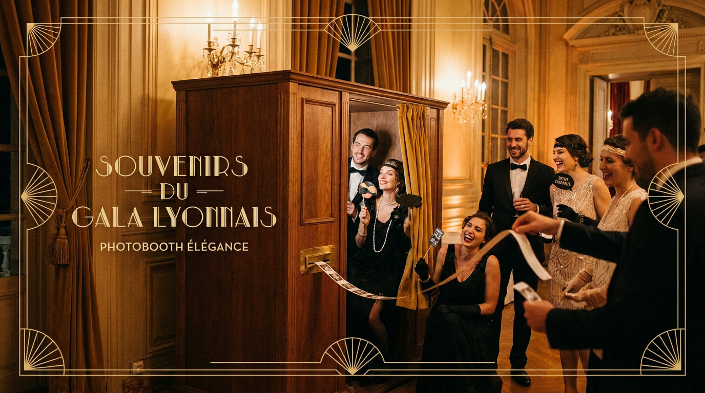 Photobooth vintage en bois noble lors d'une soirée de gala prestigieuse à Lyon
