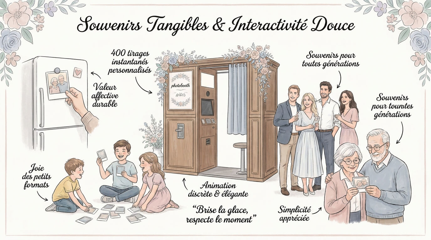 Famille souriante utilisant un photobooth vintage lors d'un baptême à Lyon