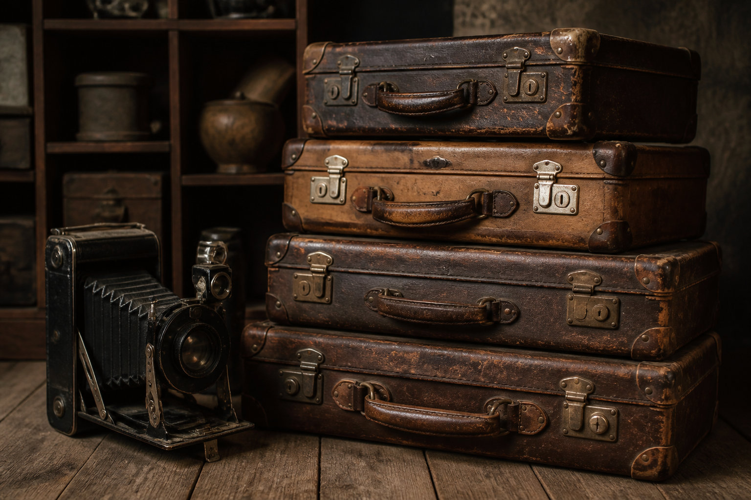 L'appareil photo factice et les valises anciennes de voyage