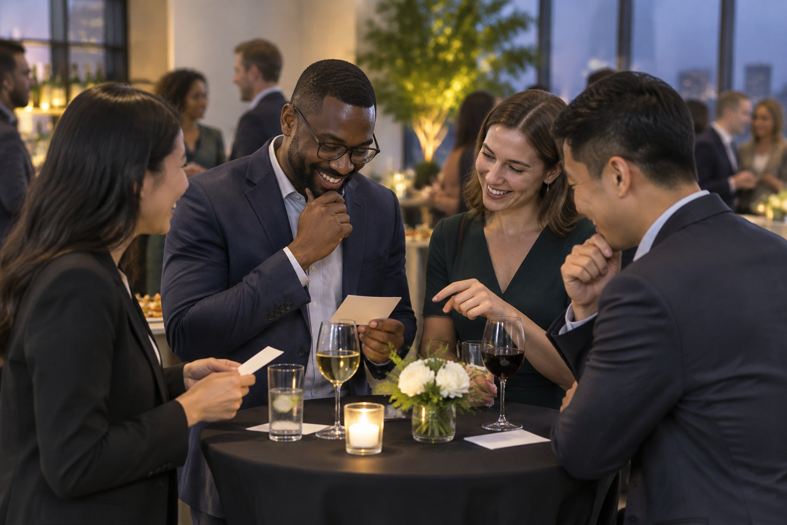 Quatre personnes souriantes échangent autour d’une table haute dans une réception, avec des verres, des cartes et un bouquet de fleurs.