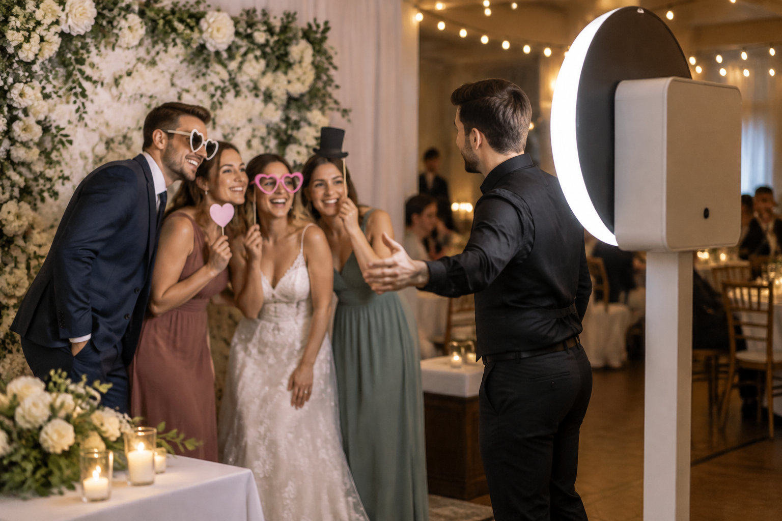 Un groupe pose avec des accessoires devant une borne photo lumineuse lors d’une réception de mariage.