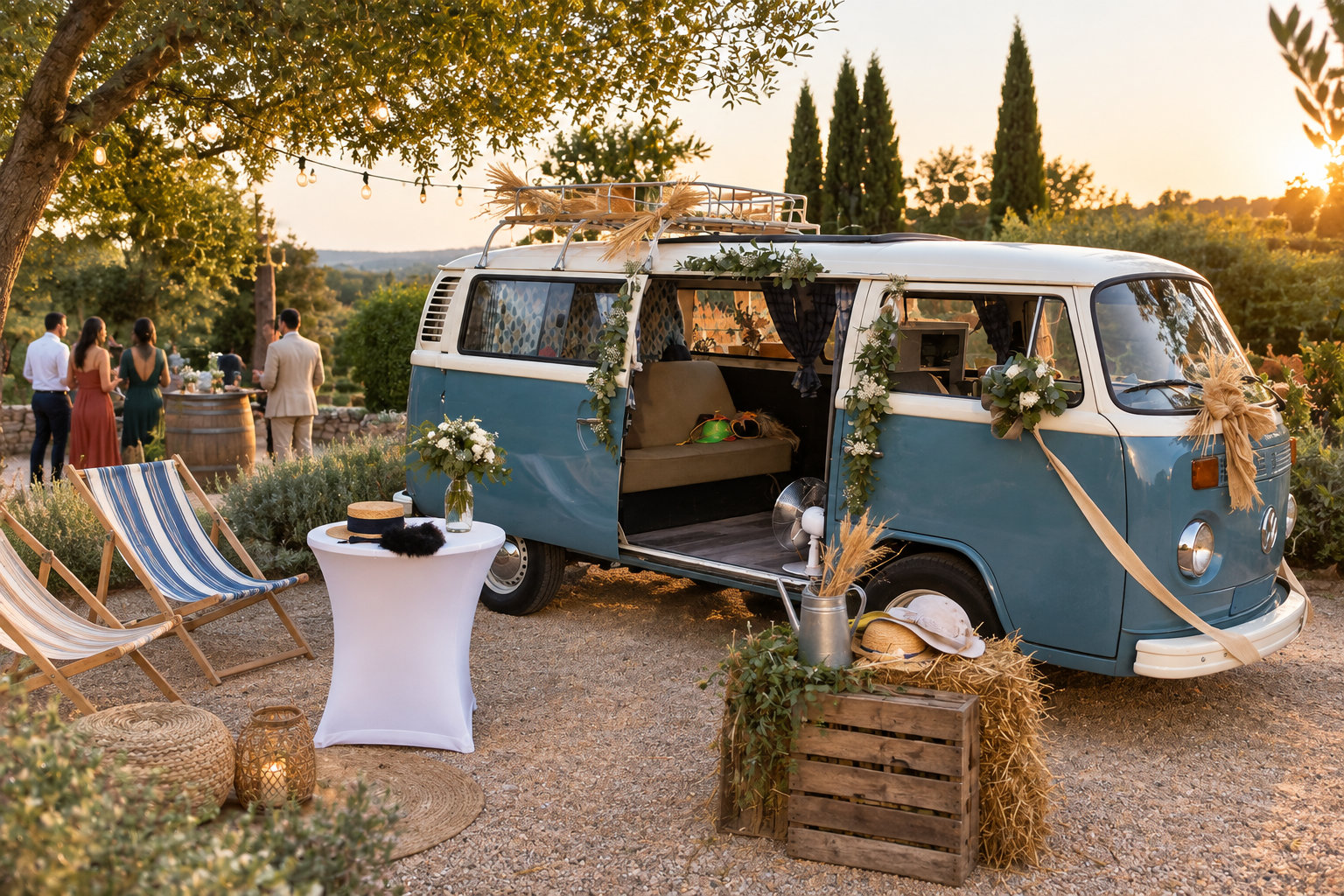 Un van aménagé bleu décoré de fleurs et de rubans est stationné dans un jardin au coucher du soleil, près de chaises longues et d’invités réunis autour d’une table.