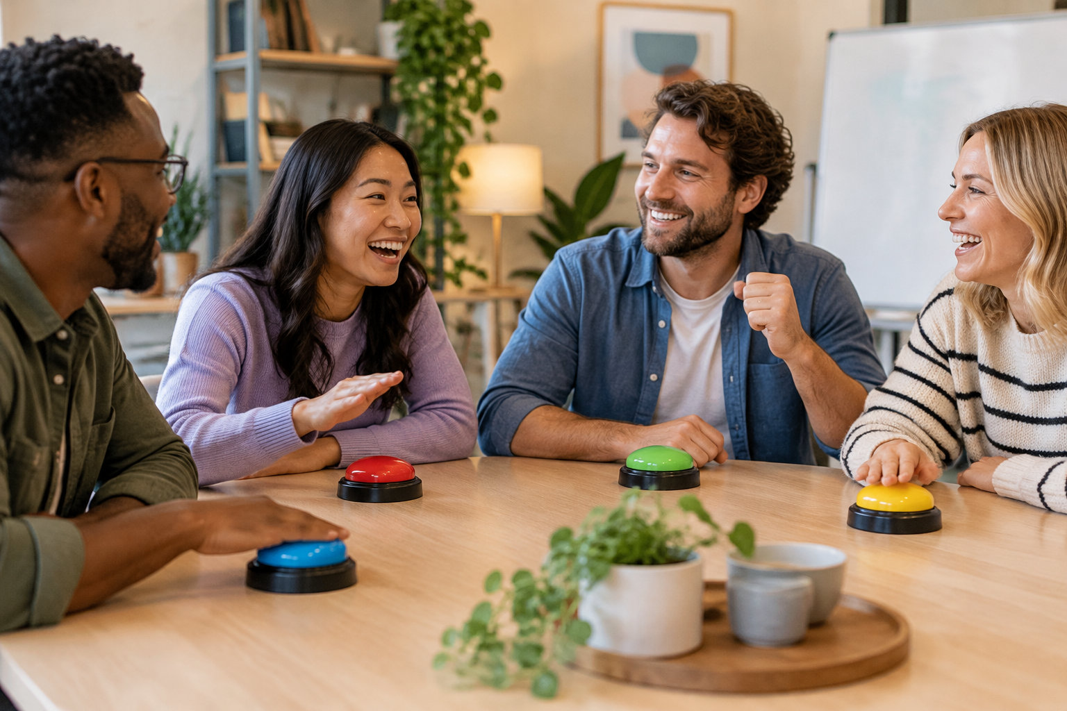 Quatre adultes rient autour d’une table en bois, devant des boutons colorés, dans une pièce décorée de plantes.