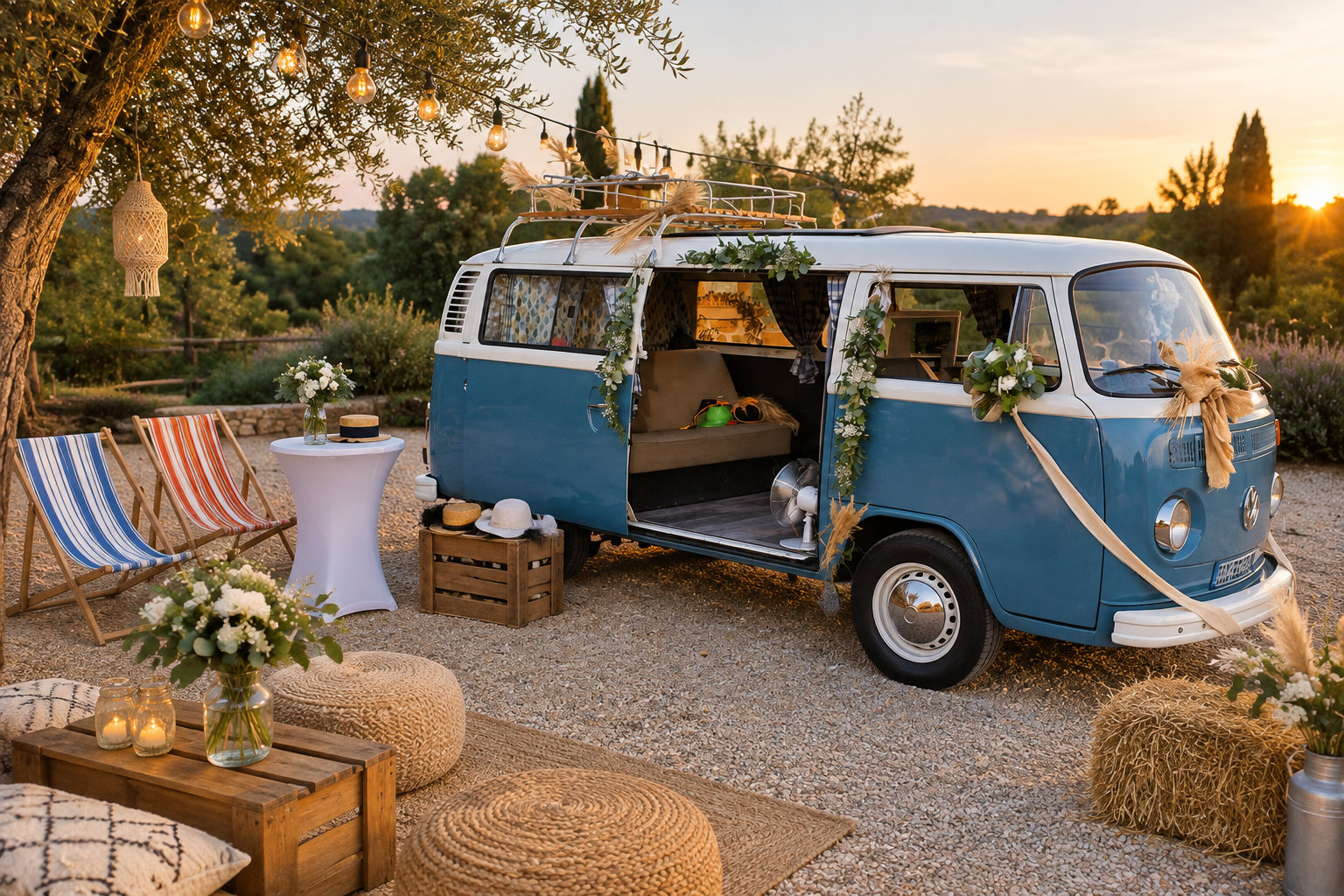 Un vieux minibus bleu décoré de fleurs est stationné dans un jardin aménagé avec des chaises longues, des tables et des guirlandes lumineuses au coucher du soleil.