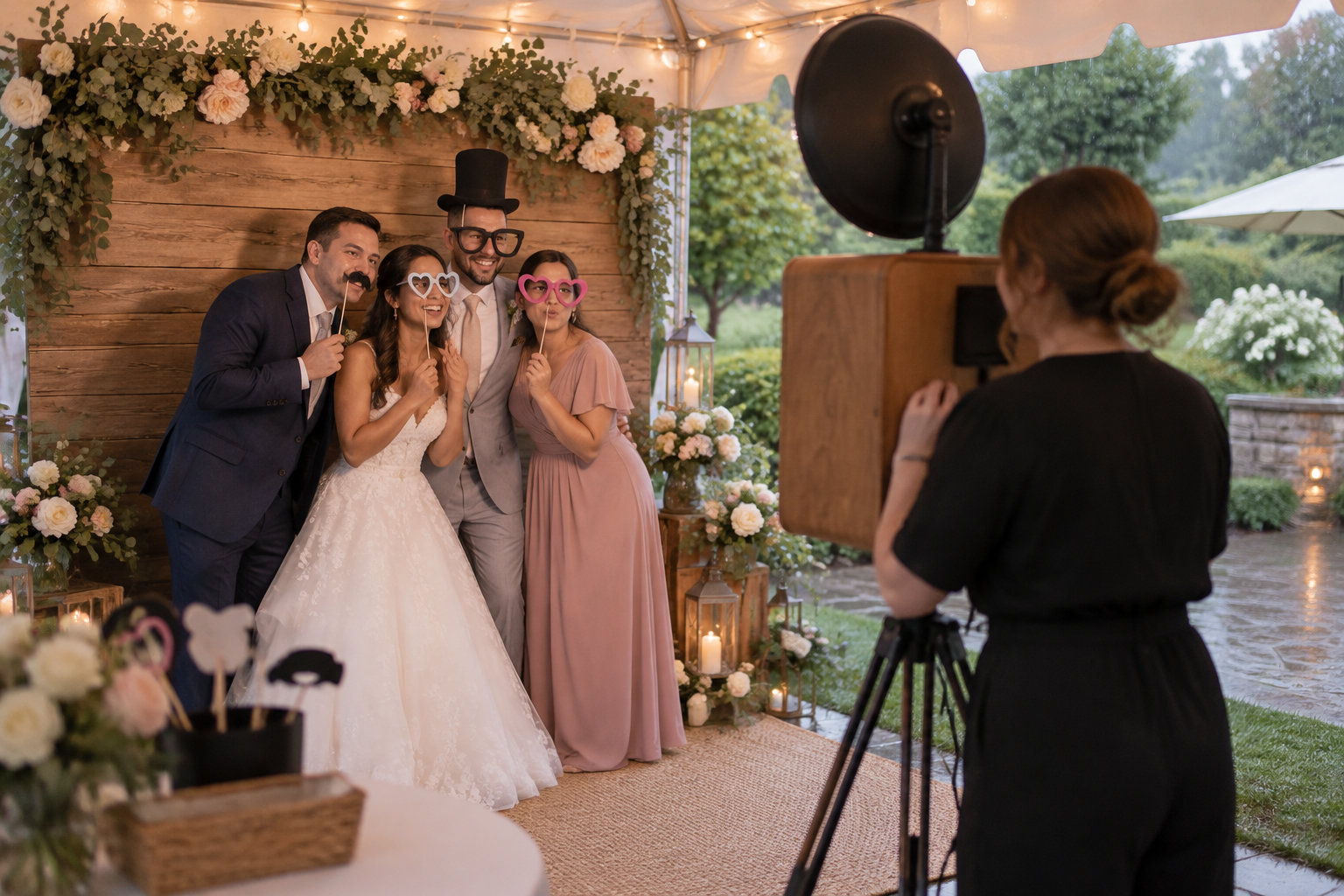 Une mariée, deux femmes et deux hommes prennent la pose avec des accessoires devant un décor fleuri en bois, tandis qu’une photographe les photographie avec un appareil sur trépied.