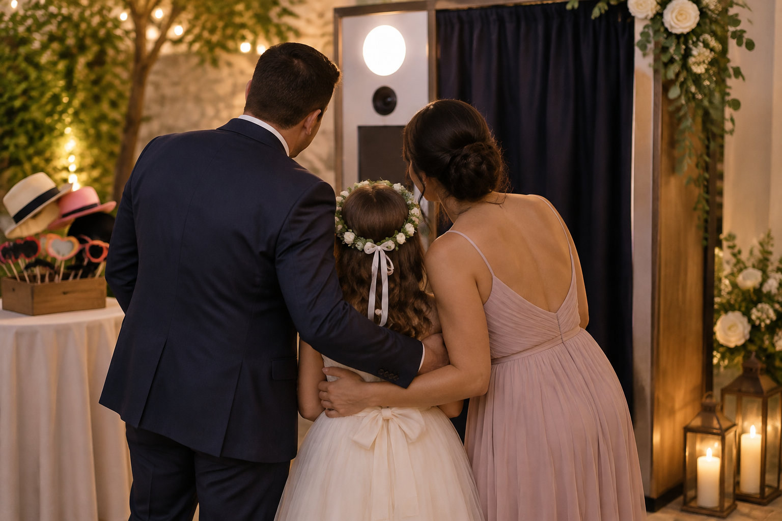 Un homme en costume et une femme en robe rose entourent une fillette en robe blanche devant un photobooth décoré de fleurs et de lumières.