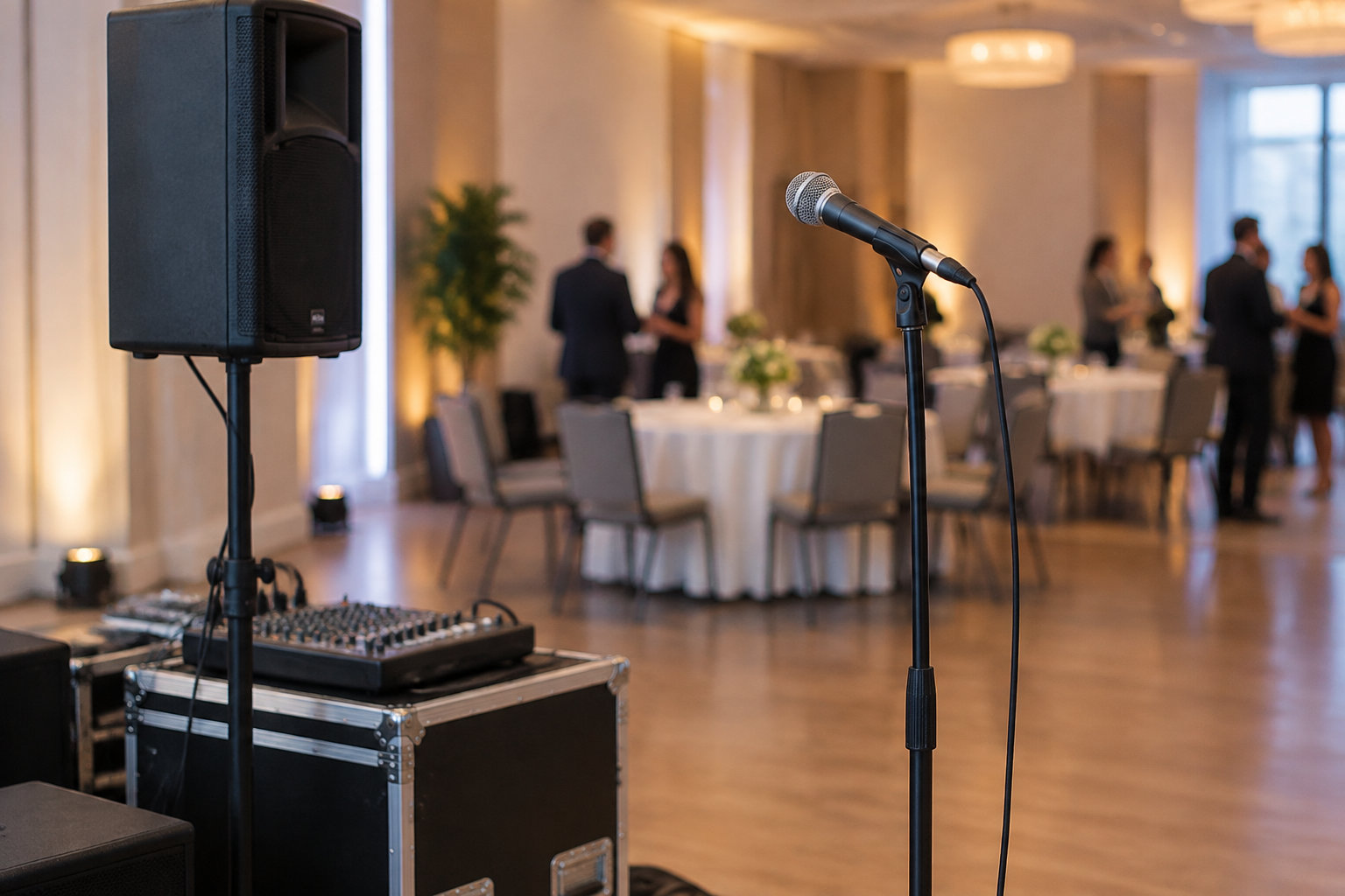 Un microphone sur pied, une enceinte et une console audio sont installés dans une salle de réception où des invités discutent près de tables dressées.