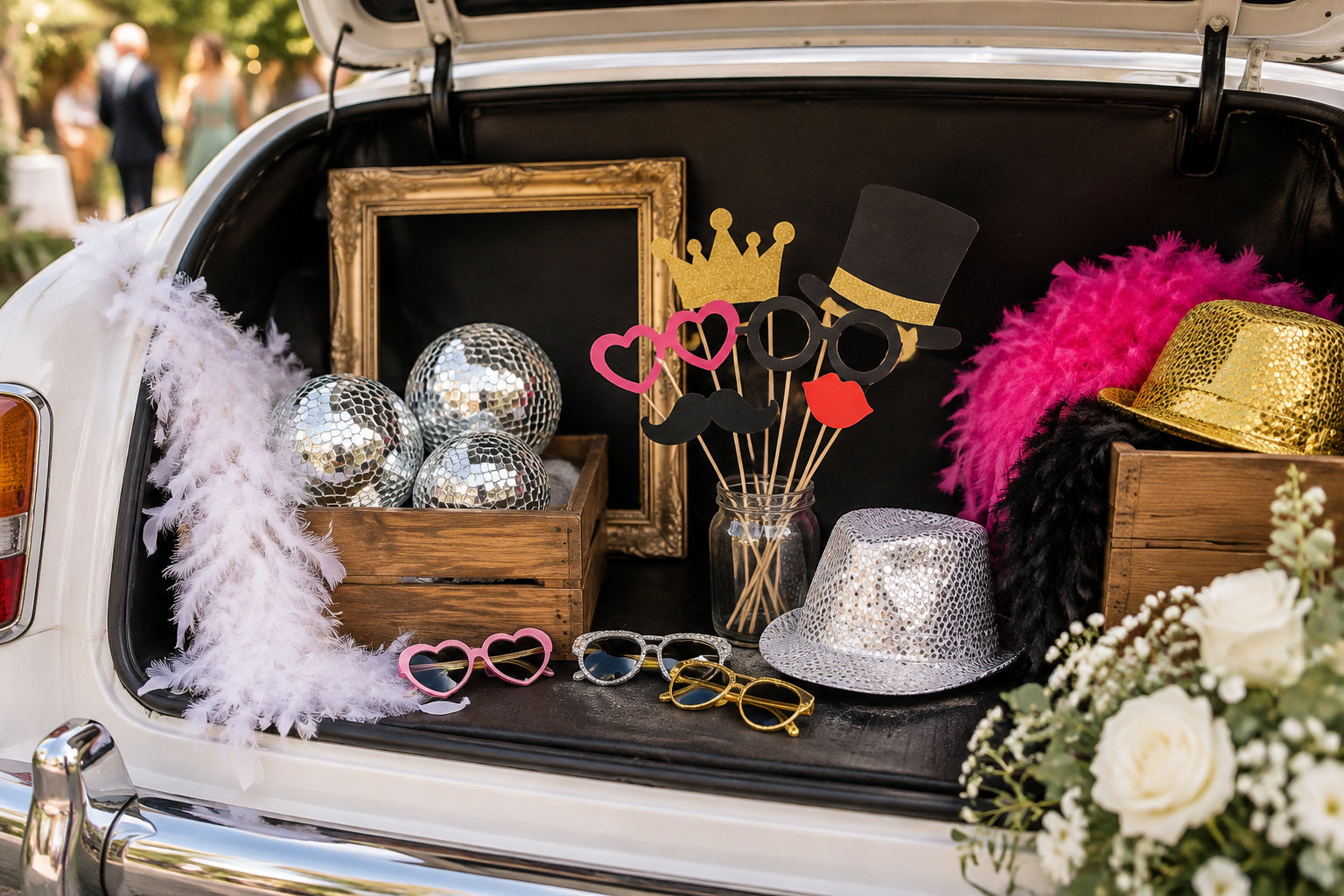 Le coffre ouvert d’une voiture ancienne contient des accessoires de photomaton, des boas à plumes, des boules à facettes, des chapeaux et des lunettes fantaisie, près d’un bouquet de fleurs.
