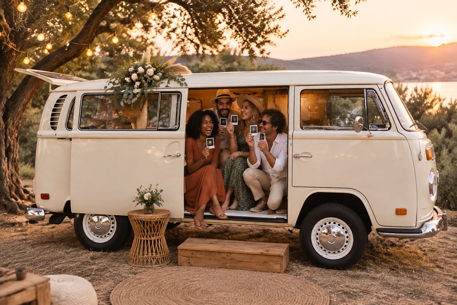 Quatre personnes souriantes sont assises dans un minibus décoré de fleurs et tiennent de petites photos, sous des guirlandes lumineuses au bord d’un lac au coucher du soleil.